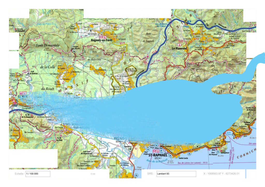 Représentation sur la géographie actuelle du lac Permien de l'Esterel - d'après Boucarut 1971